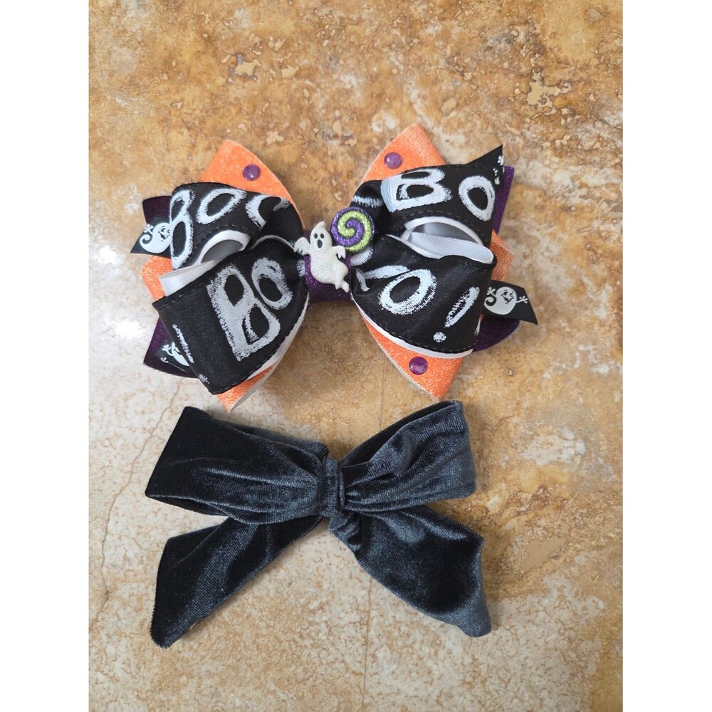 Halloween 'BOO' Layered Bow & Black Velvet Bow Set